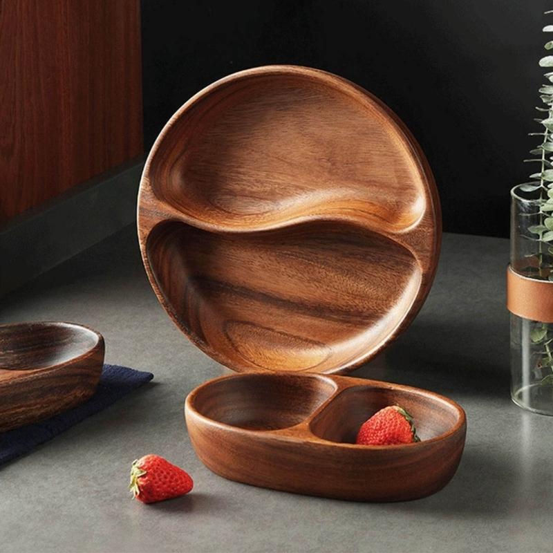 Wood Divided Serving Tray Appetizer Platter Snacks Tray with Dining Grid Round Serving Dishes Nut Holder Platters