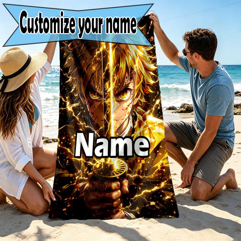 Custom Name Personalized Demon Slayer Print Beach Towel, for Trip Camping Beach Party Home Decor, Birthday Gift for Family & Friends