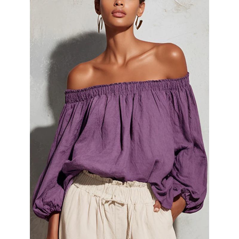 Camicia Casual da Donna S a Spalle Scoperte con Maniche a Lanterna Lunghe e Colore Unito