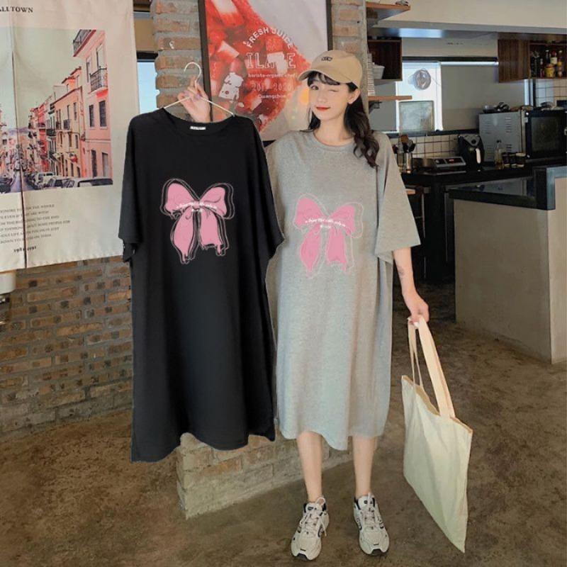 Frühlings- und Sommer Kurzarm Umstandskleid Locker zur Bauchbedeckung Mittellang Überknie Schlitz T-Shirt Kleid