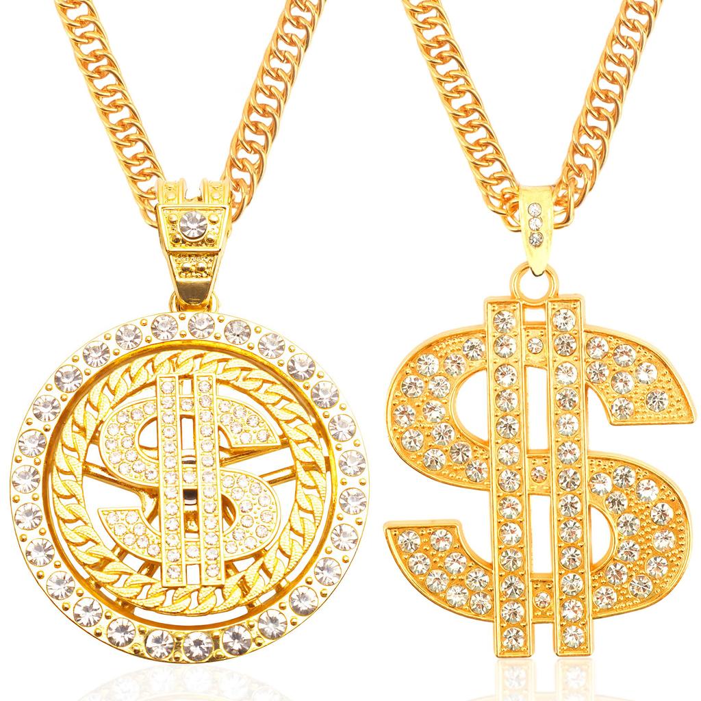 Money Chain Necklace Dollar Sign Chain Gold Dollar Sign Necklace Hip Hop Gold Money Chains For Men With Pendant, Long Big Fake Gold Necklace