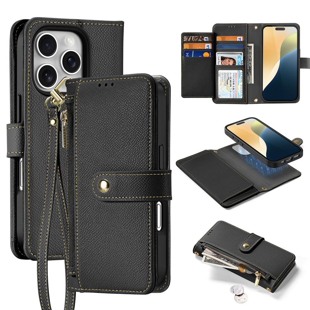 DUX DUCIS Lawa Series for iPhone 16 Pro Magnetic Case Zipper Wallet Detachable Cowhide Leather Cover