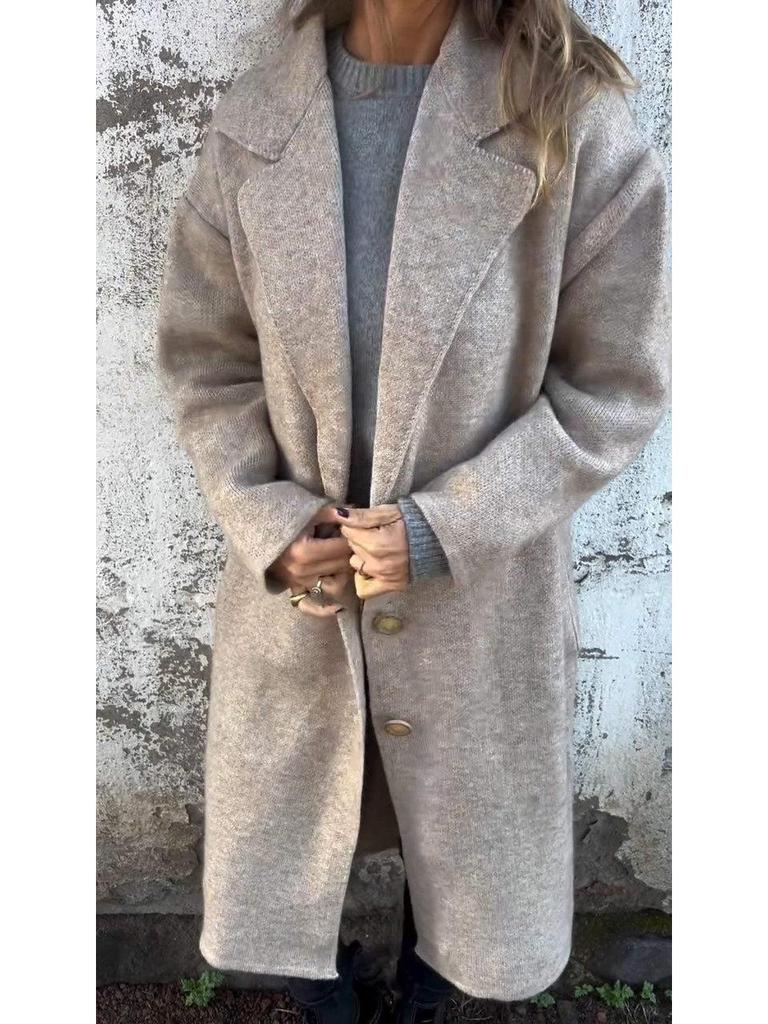 2024 Women's Autumn/Winter Long Sleeve Woolen Overcoat with Turn-Down Collar