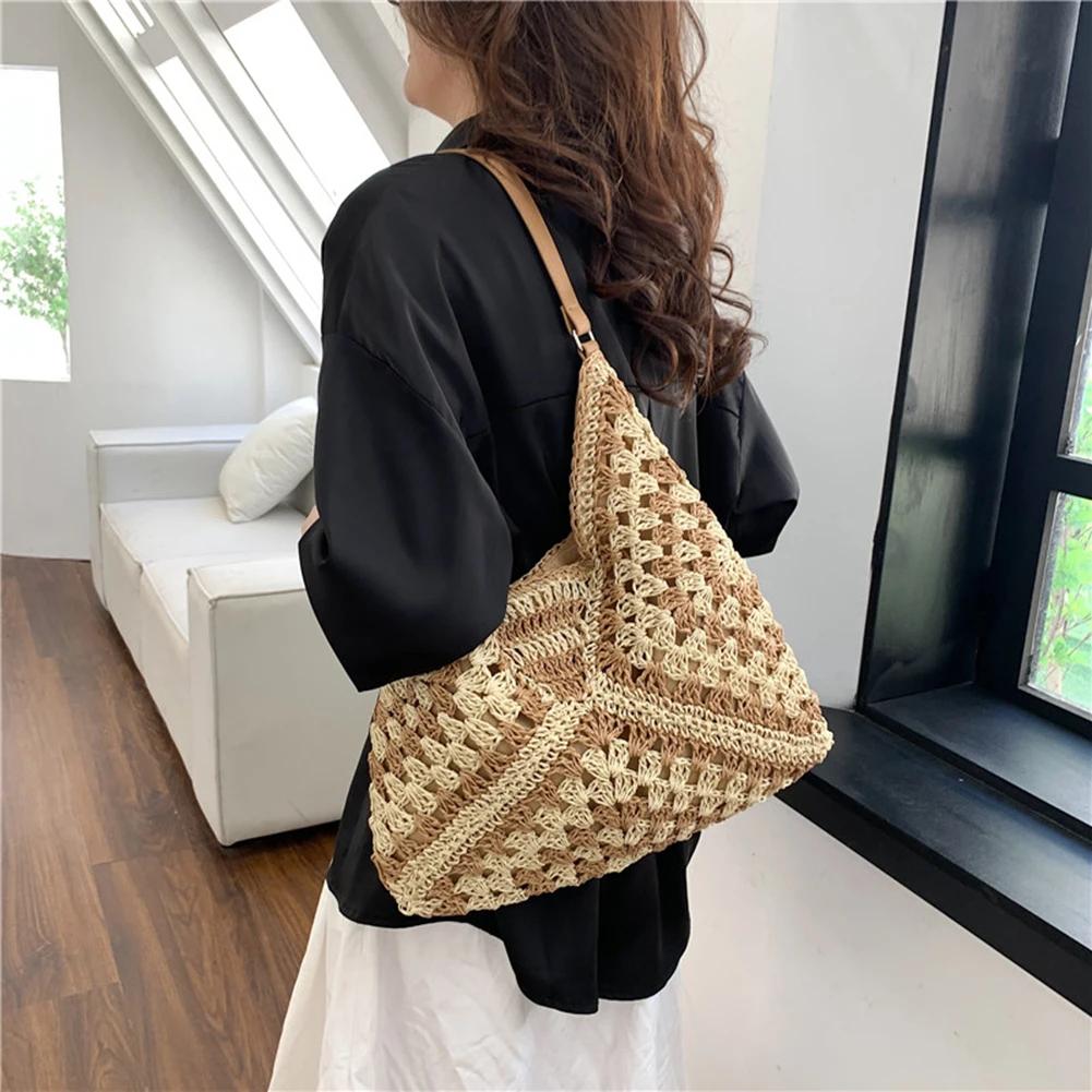 2025 Summer Straw Knitting Bag Hollow Out Tote Bag Solid Beach Shoulder Bag Holiday Travel Handbag Boho Shoulder Purse for Women
