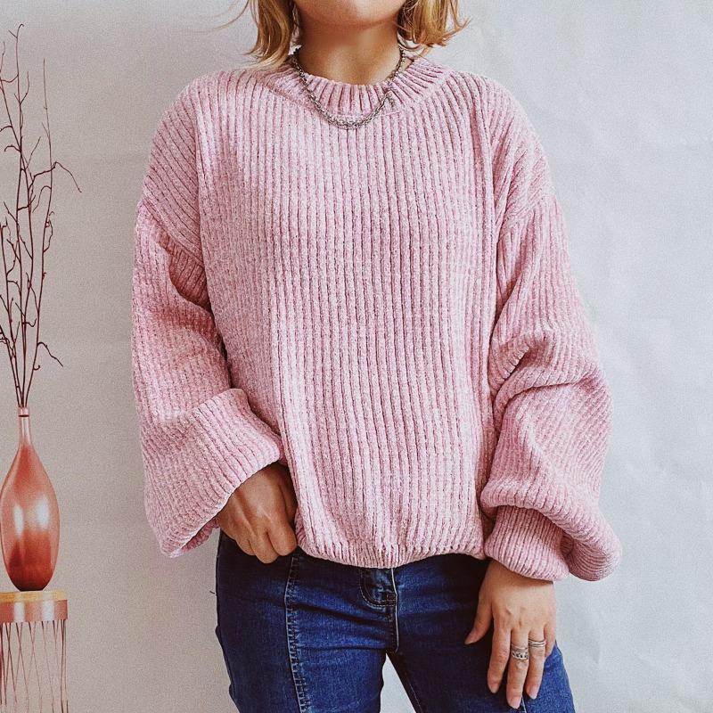 Autumn and Winter New Women's Solid Color Casual Shirt Round Neck Lantern Sleeve Short Knit Pullover Sweater Woman