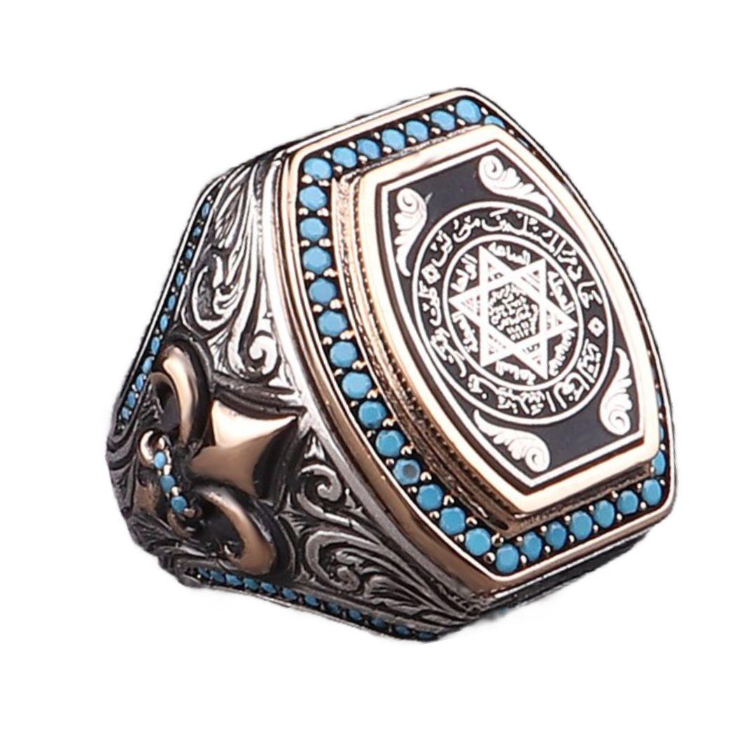 

Мужское кольцо из стерлингового серебра 925 пробы с печатью Solomon Mini Aqua Stone Jewelry Специальная гравировка с вышивкой 7