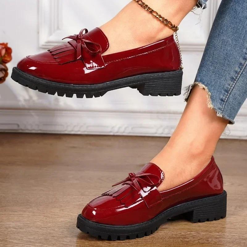 Fashion Womens Summer New PU Leather Classic Solid Color Square Heel Anti-Slip Loafers Elegant Bow Designer Dress Banquet High Heels