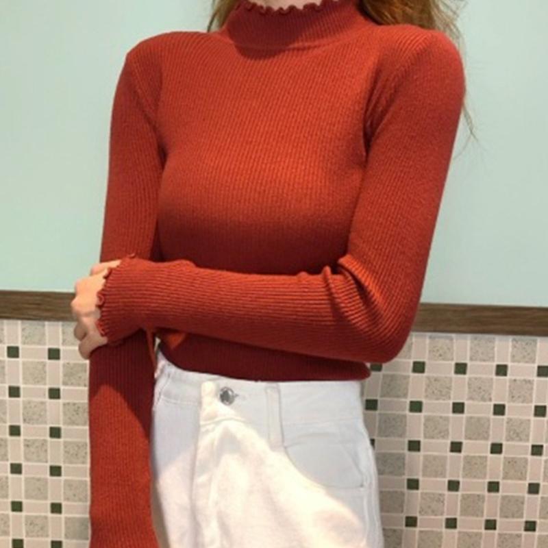 Femei Design Decolteu Pulover Gât Mediu Înalt Pulover Tricotat Cald Solid Margine Volanată Pulover Elastic Tricotaje Topuri de Bază Femeie Pulover cu Mâneci Lungi