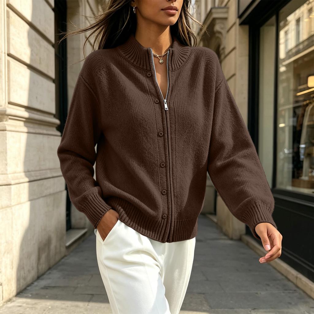 Women's Zip-Up Neck Knit Cardigan Color Loose Fit Slouchy Versatile Sweater Top