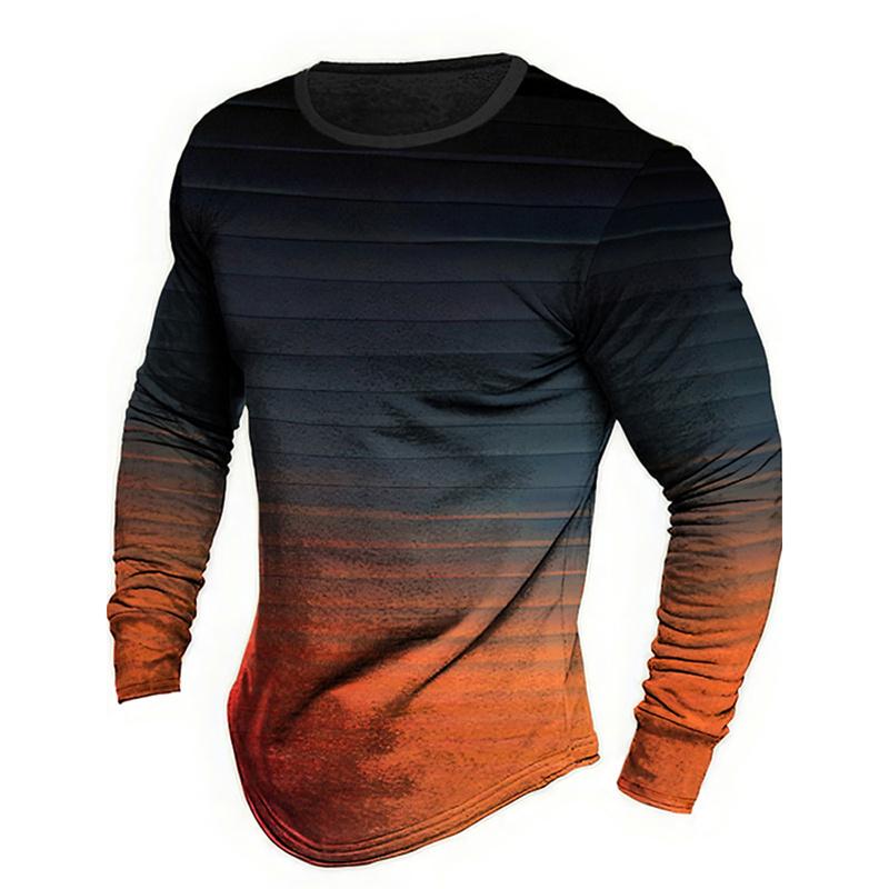 3D Printed Colorful Striped T Shirt For Men Gradient Pattern Tee Spring Autumn Casual Long Sleeve Round Neck Tops Loose T-Shirts