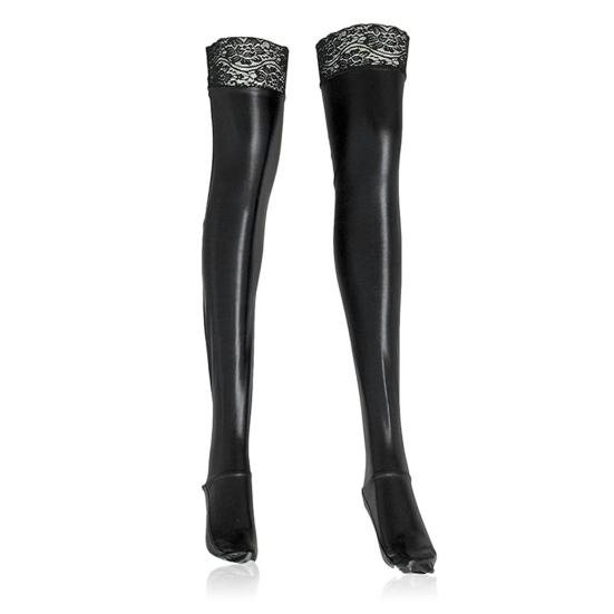 Wet Look Thigh High Stockings for Women Sexy Stretchy Shiny Metallic Black Stockings with Lace Trim Glossy Faux Leather Socks for Party Club Cosplay