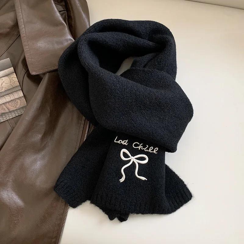 Solid Color Bow Embroidered Scarf Korean Fashion Women Sweet Autumn Winter Imitation Cashmere Knitted Scarves Thicken Soft Shawl