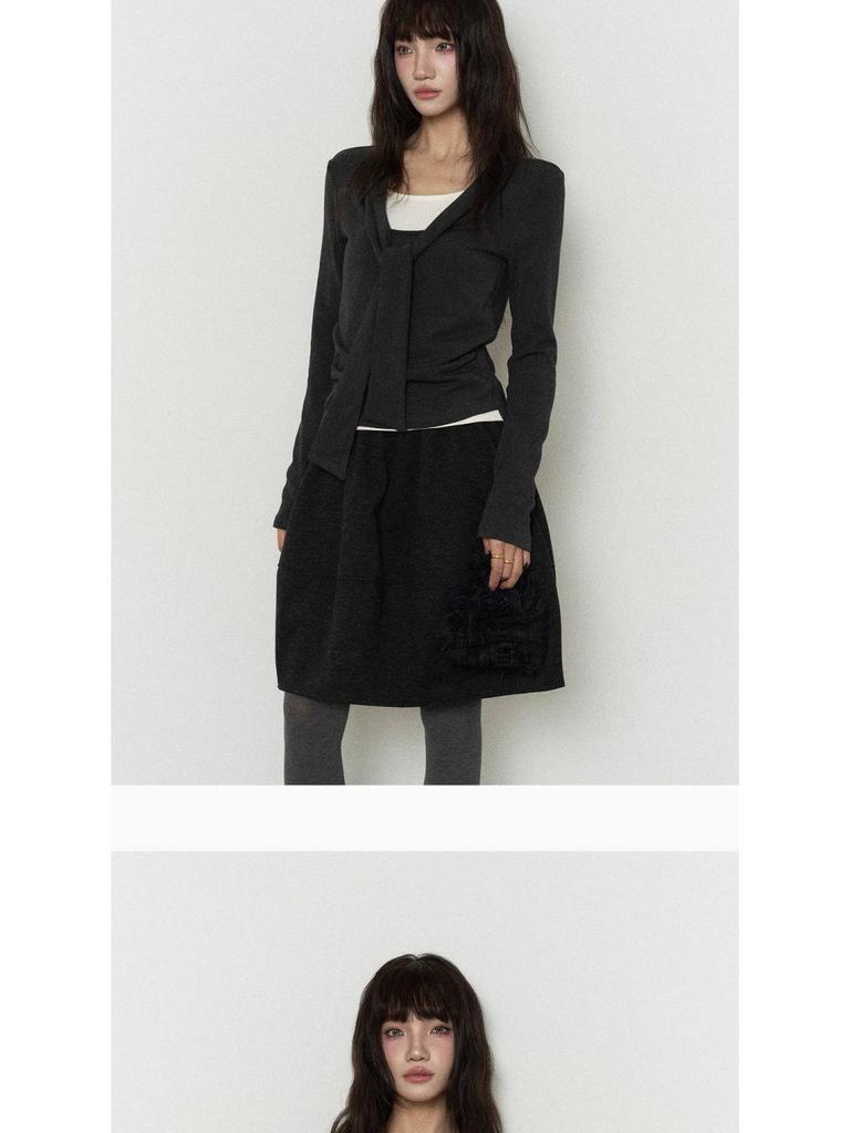 Vintage High-Waisted Wool Midi Skirt with Pockets - Gray Fluffy Design for Autumn/Winter