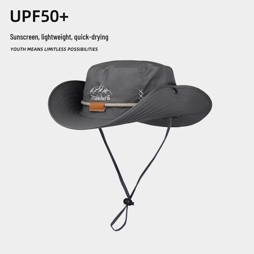 Unisex Japanese Style Wide Brim Drawstring Bucket Hat for Sun Protection - Breathable Denim for Hiking and Climbing.