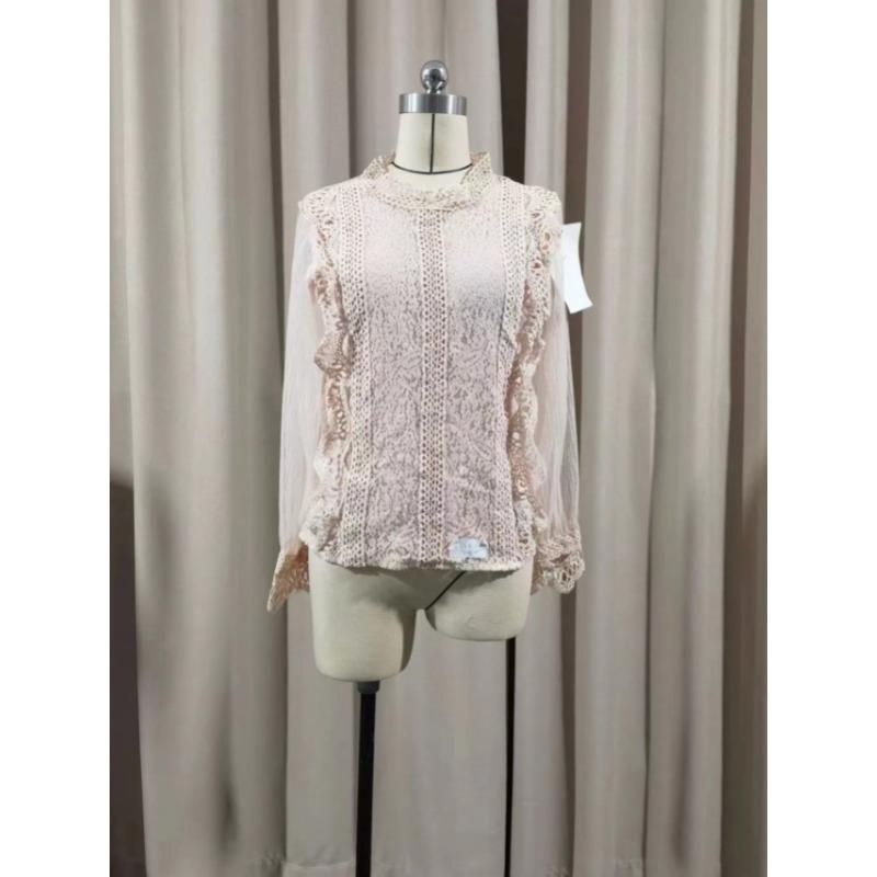 New Elegant Mesh Long Sleeve Lace Blouse Women Solid Color Round Neck Top Women's Loose Shirt Casual Sweet Office Spring Autumn Hollow Out Clothing
