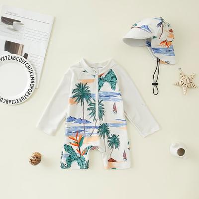 Jungen Badeanzug mit Allover-Print, einteilig, Babyjungen Badeanzug mit halber Knopfleiste, einteilig, Kinderbadeanzug + Hut