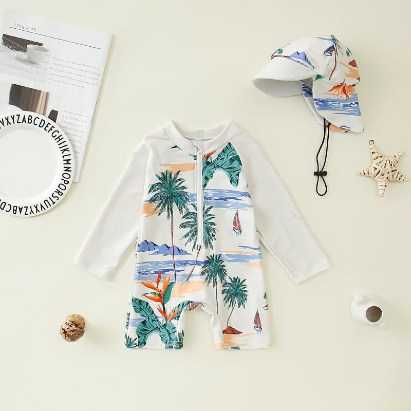 Boys  Full Print One-Piece Swimsuit Baby Boy Half-Placket One-Piece Swimsuit Children s Swimsuit + Hat 110 белый