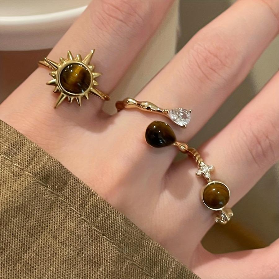 A Set of Three Stylish Sunflower Water Droplet Decorative Open Rings Suitable for Women'S Everyday Wear