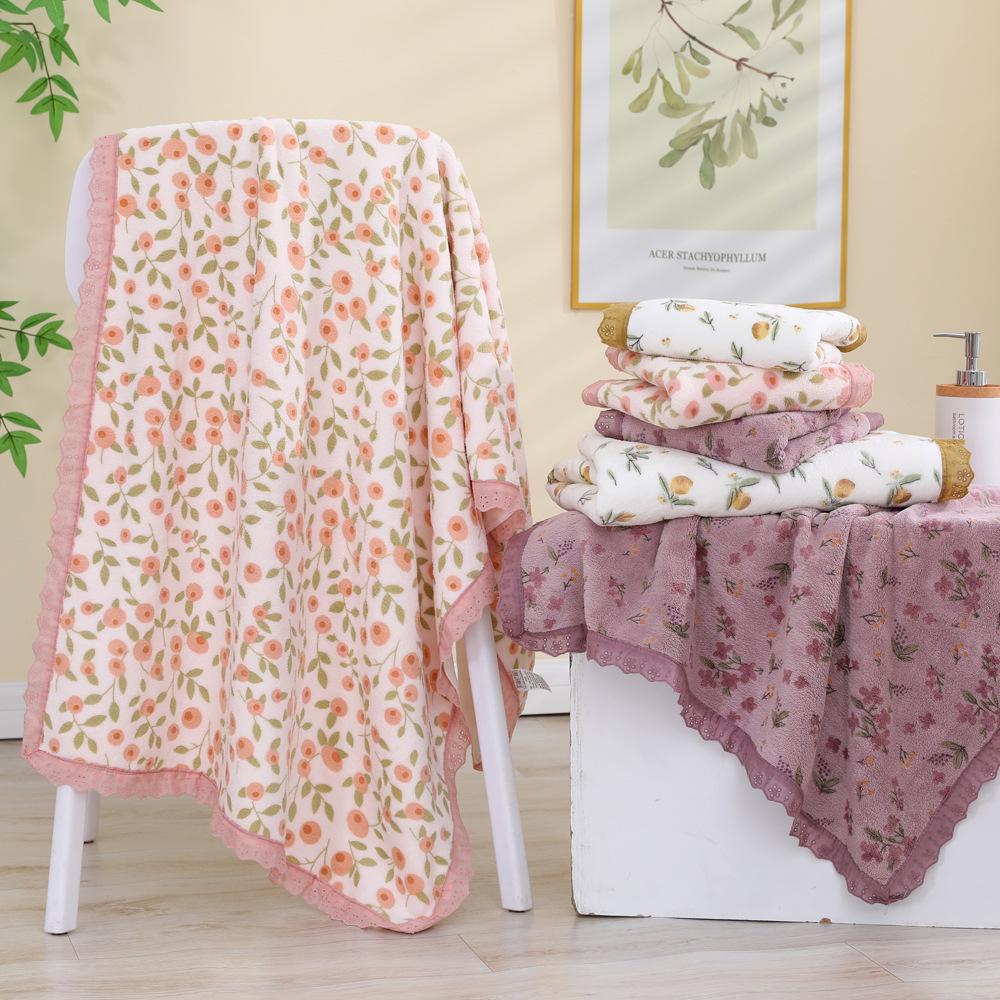 Floral Coral Fleece Bath Towel Set - Thick, Soft, and Super Absorbent with Lace Detailing