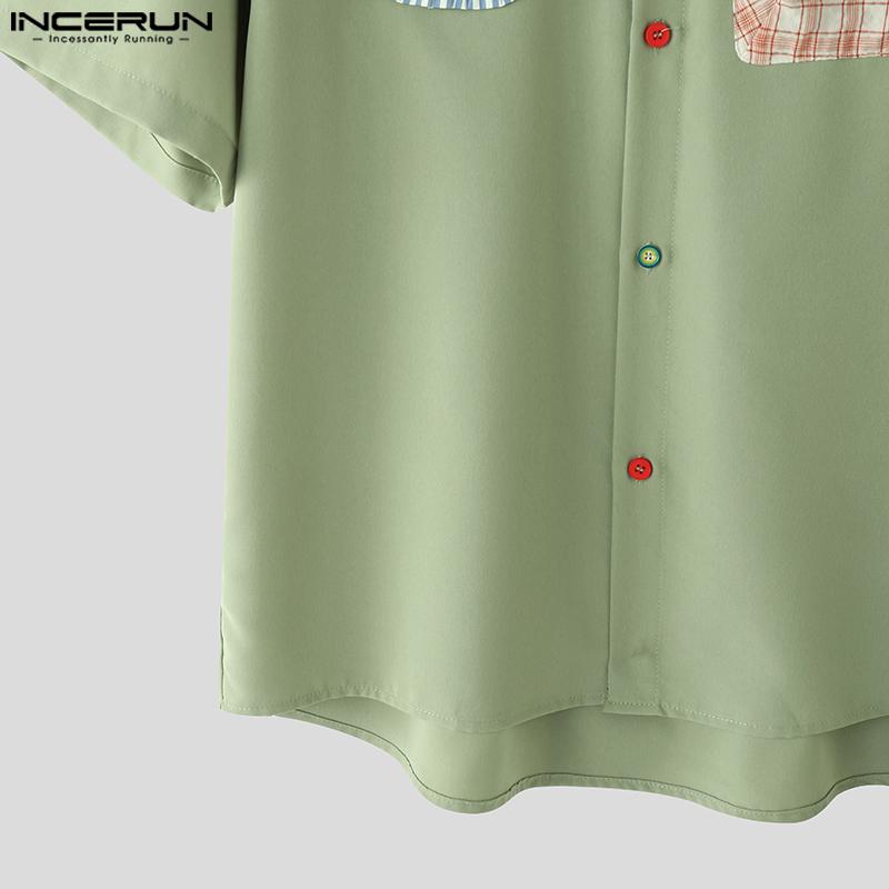 INCERUN Oversized Summer Men Lapel Neck Plaid Print Patchwork Buttons Casual Shirts