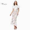 Women Fishtail Dress Round Neck Puff Short Sleeve Embroidered 3D Flower Decor Midi Dress Hip Wrapped Long Dress