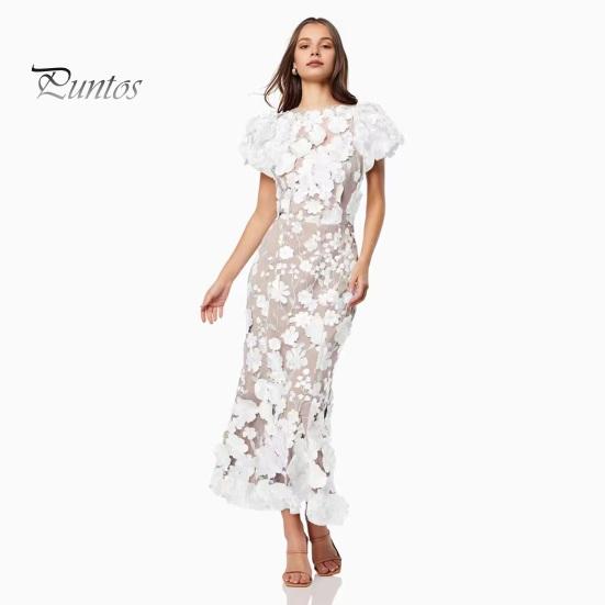 Women Fishtail Dress Round Neck Puff Short Sleeve Embroidered 3D Flower Decor Midi Dress Hip Wrapped Long Dress