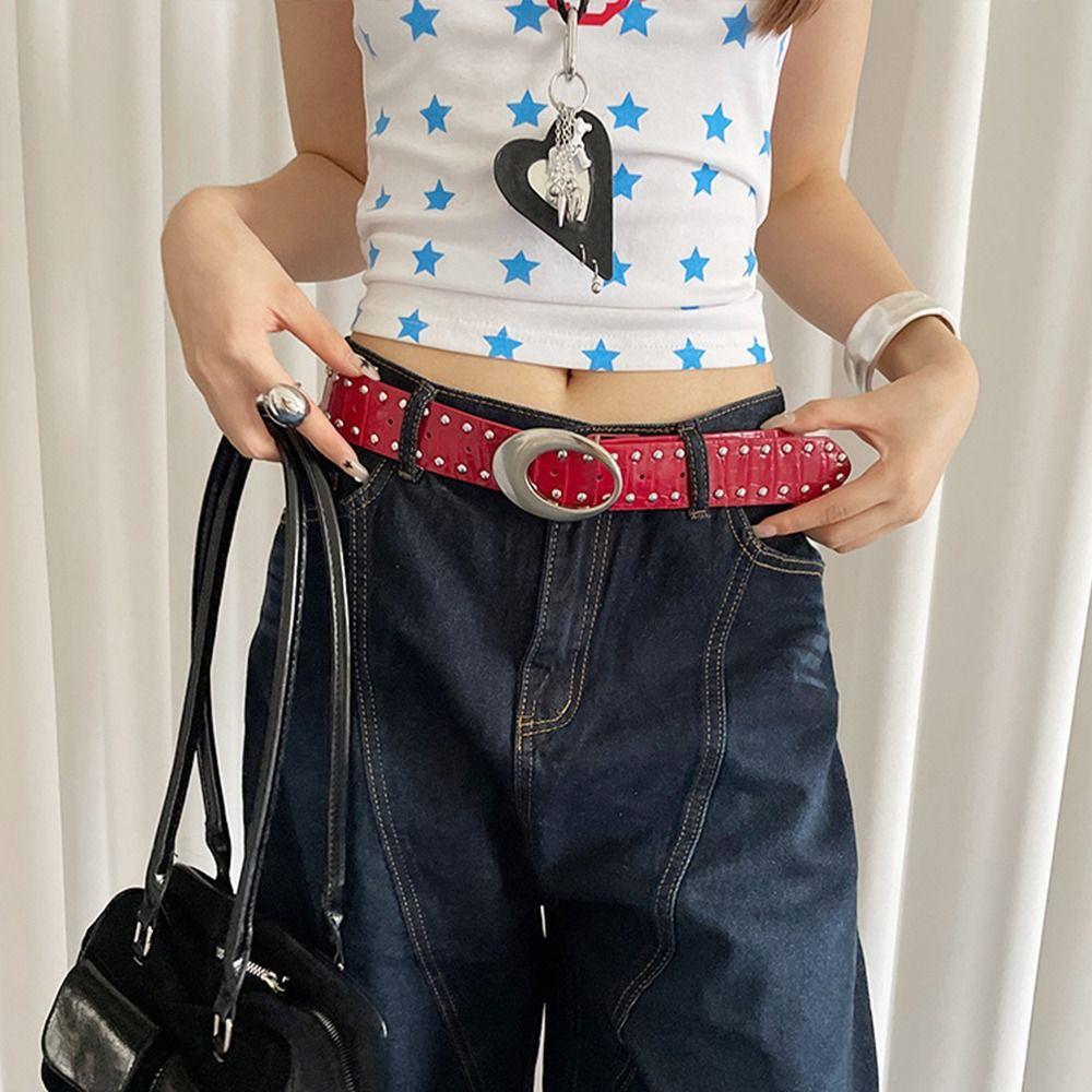 Y2k Women's Rivet Belt Gothic Dress Jeans Belt Niche Leather Waist Belt  Streetwear
