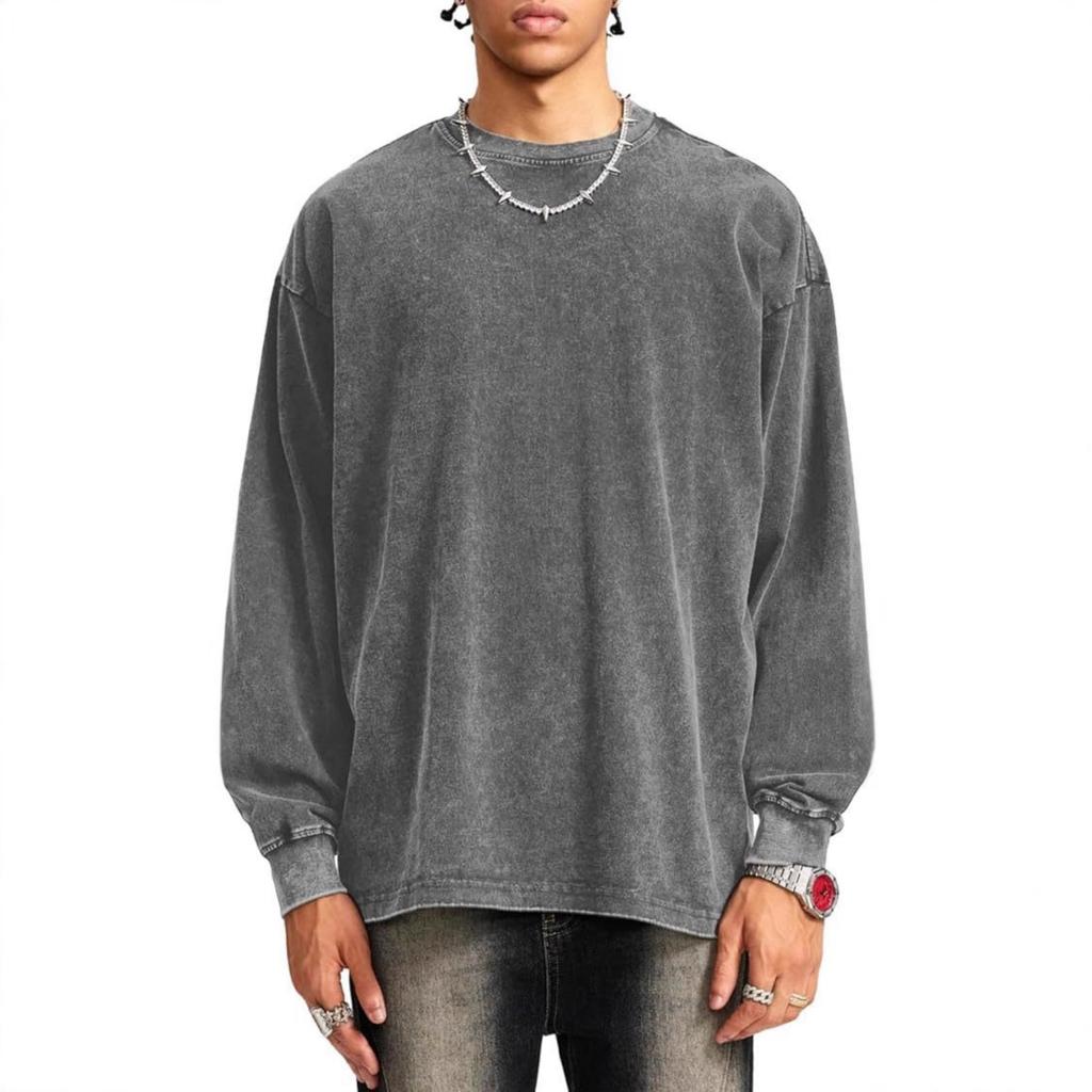 Men's And Women's Casual High-weight Washed Distressed Long-sleeved Men's Off-the-shoulder Retro Loose Round-neck All-cotton Top