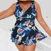 Women’s Plus Size V Neck One Piece Swimsuit with Tropical Floral Print Wide Shoulder Straps and Ruched Waist Design