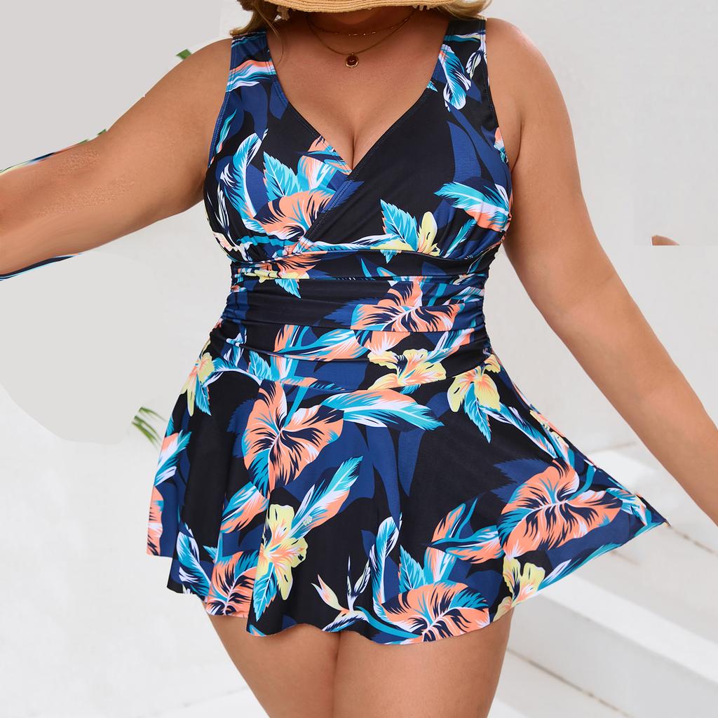 Women’s Plus Size V Neck One Piece Swimsuit with Tropical Floral Print Wide Shoulder Straps and Ruched Waist Design