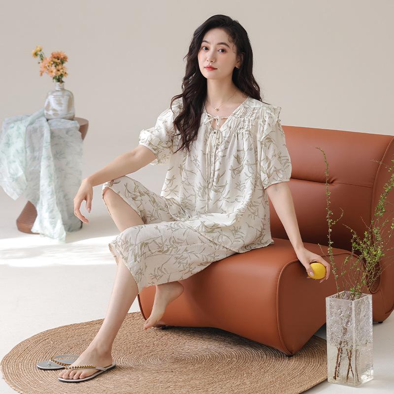 Pajamas Women's 1011 New Summer Thin Short-sleeved Tencel Court Style Large Size Can Be Worn Outside Loungewear Suit