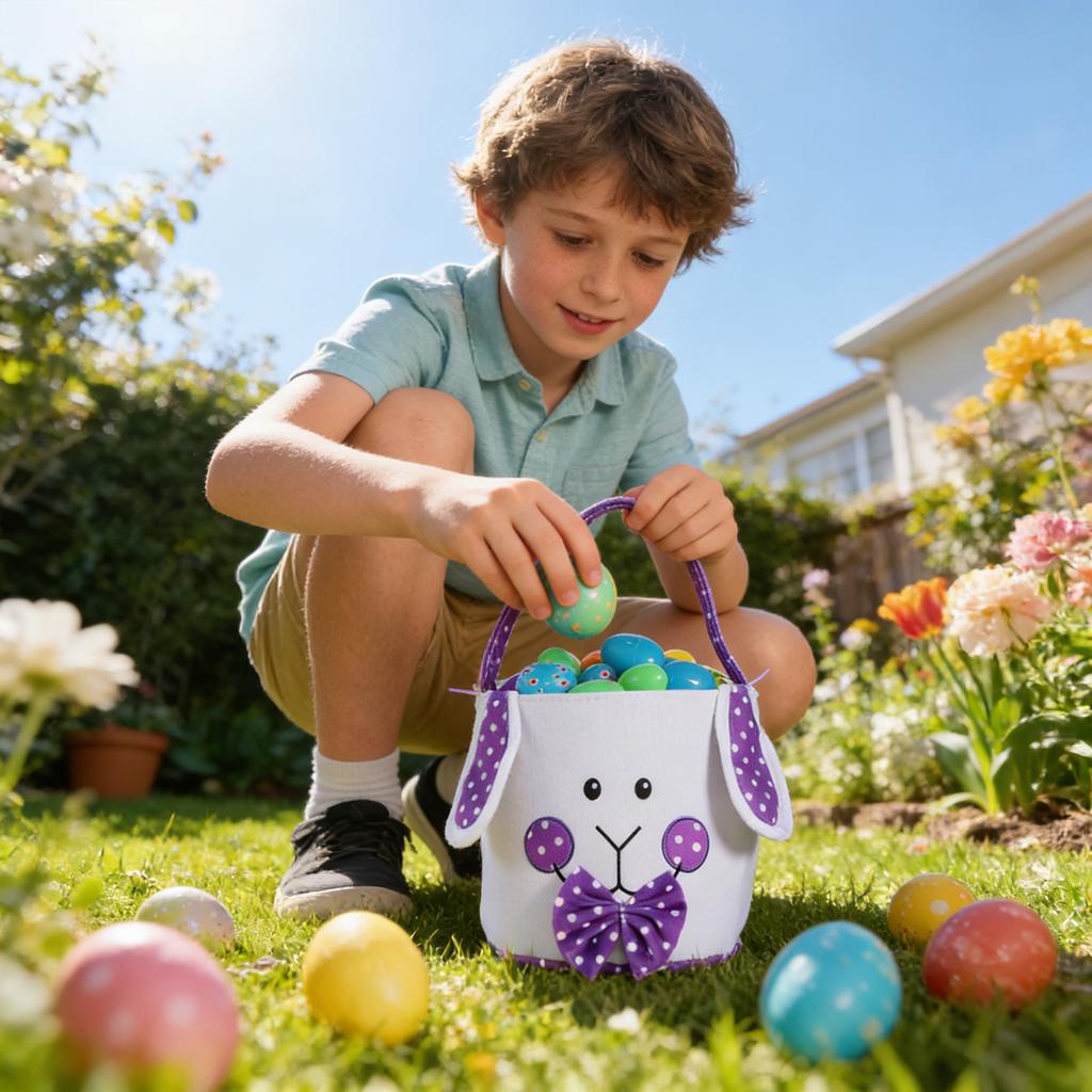 Easter Egg Bucket, Cloth Easter Bunny Basket, Bunny Face Printed Basket, Easter Egg Treasure Bucket With Handle, Party Gift