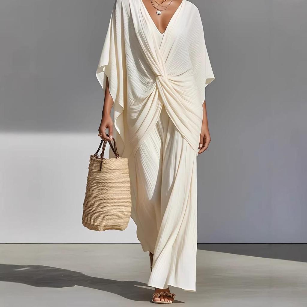 Women's Summer V-Neck Loose Pleated Dress - Resort Style Long Skirt