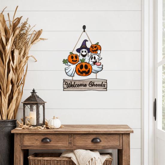 Frohes Halloween Türschild für Haustür, Hängendes Holzschild mit Geist und Kürbis, Gruseliger Willkommenskranz für Baum, Tür, Wand, Partyzubehör