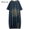 Plus Größe Frühling Sommer Frauen Denim Midi Kleid O Neck Patchwork Übergroßen Taschen Kleid Halbe Hülse Vintage Lose Kleid