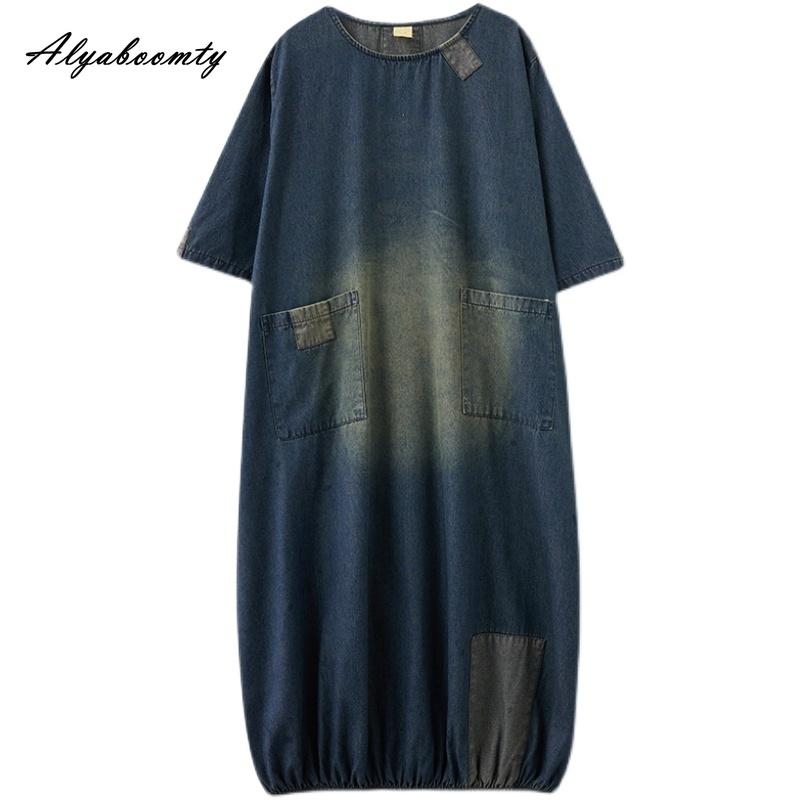 Plus Größe Frühling Sommer Frauen Denim Midi Kleid O Neck Patchwork Übergroßen Taschen Kleid Halbe Hülse Vintage Lose Kleid