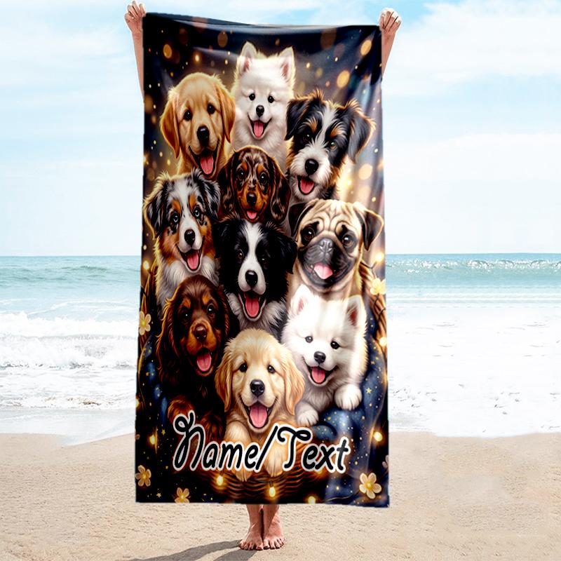1PC Custom Name Puppy Basket Night Beach Towel Highly Absorbent And Sand-Resistant Towel for Swimming, Pool, Yoga, And Travel Lightweight