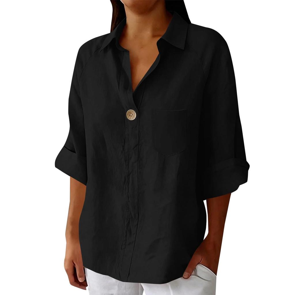 Women's Summer Casual Loose-Fit -Color Top With Collar, V-Neck, And 3/4 Sleeves