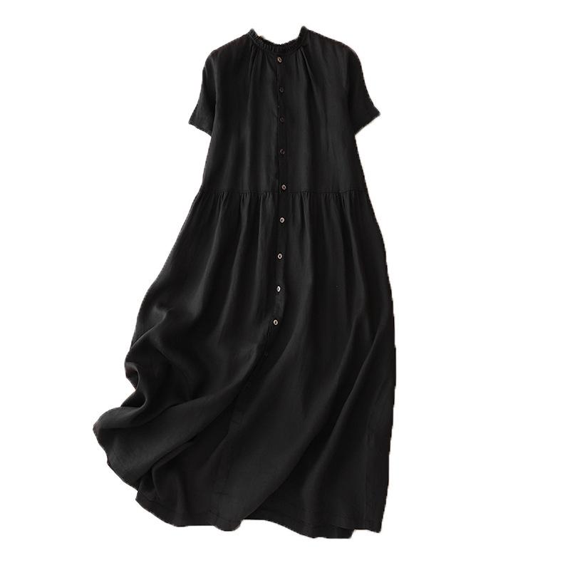 2025 summer fungus collar short-sleeved cotton and linen dress women's casual loose can wear cardigan big swing dress front and rear
