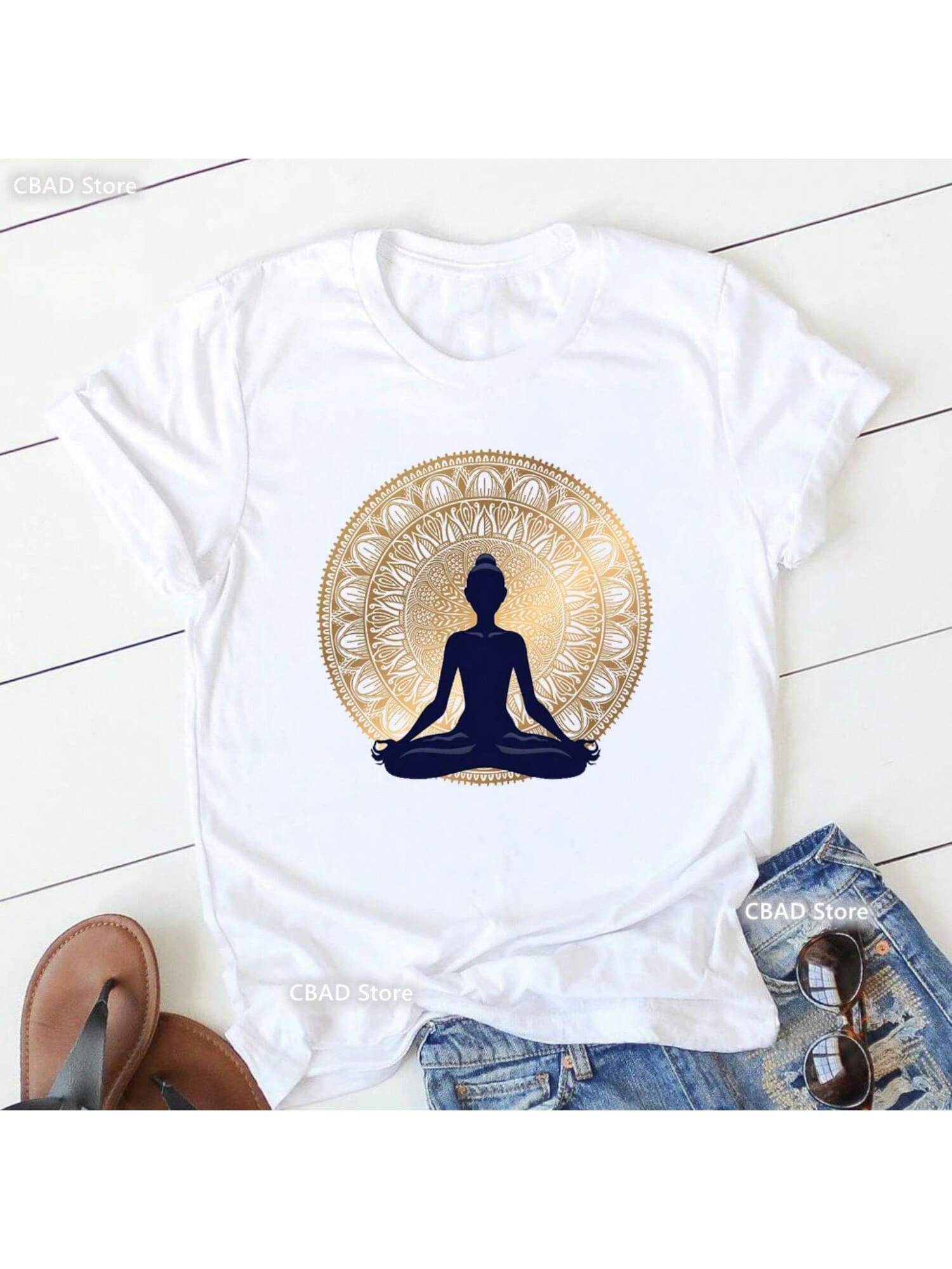 Llama Yoga Pose With Llamaste Print T Shirt Wounisex Funny Meditation Tshirt Femme Third Eye And Flowers T-Shirt Female Streetwear S разноцветный