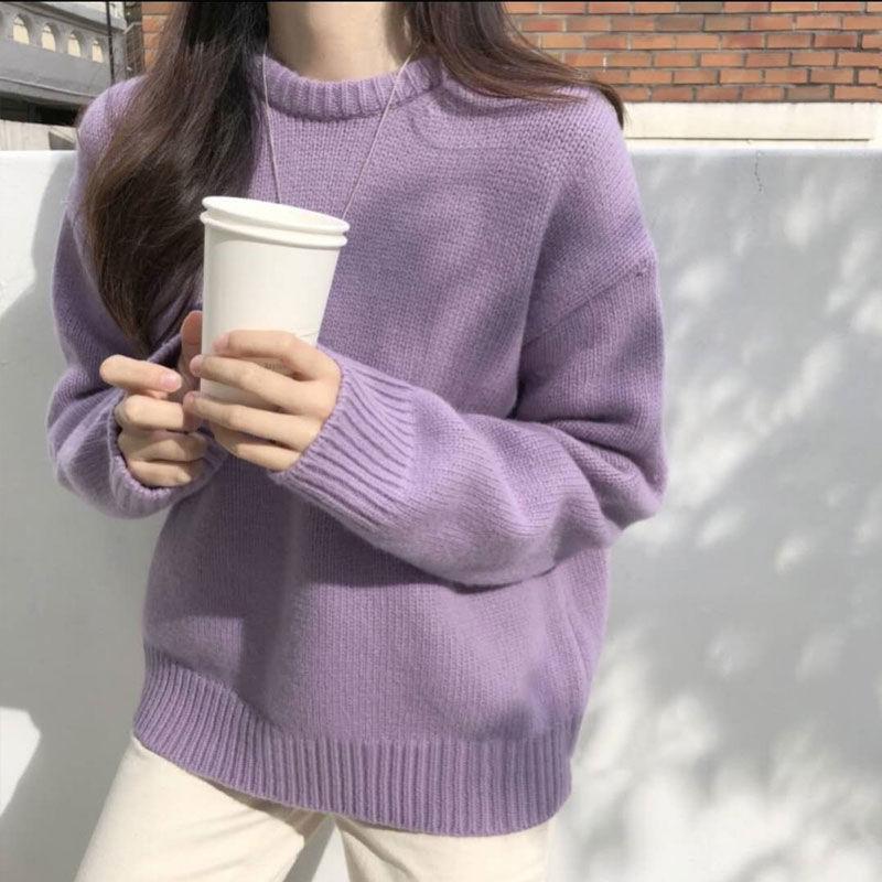 Korean Sweater Women's Loose Knit Sweater Lazy Style Pullover Sweater Round Neck Sweater Autumn and Winter