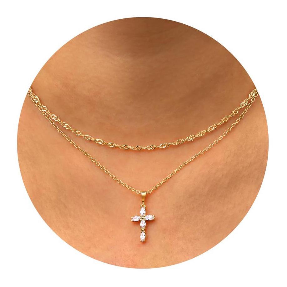 Eco-friendly 18K Gold Double Layer Cross Necklace with Marquise Zircon Water Wave Chain