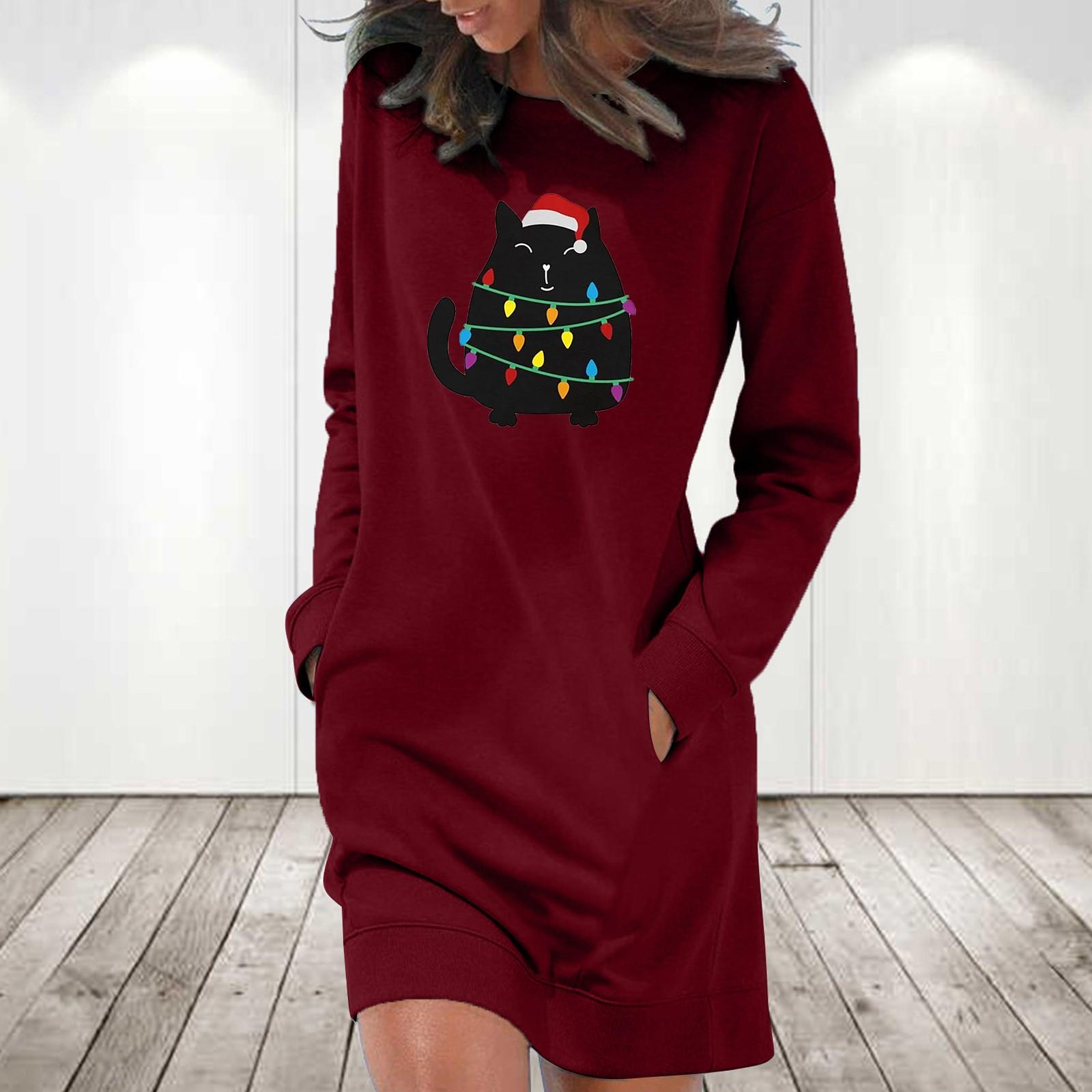 

Women s Casual Color Long Sleeve Round Neck Pocket Dress Merry Christmas XL винний