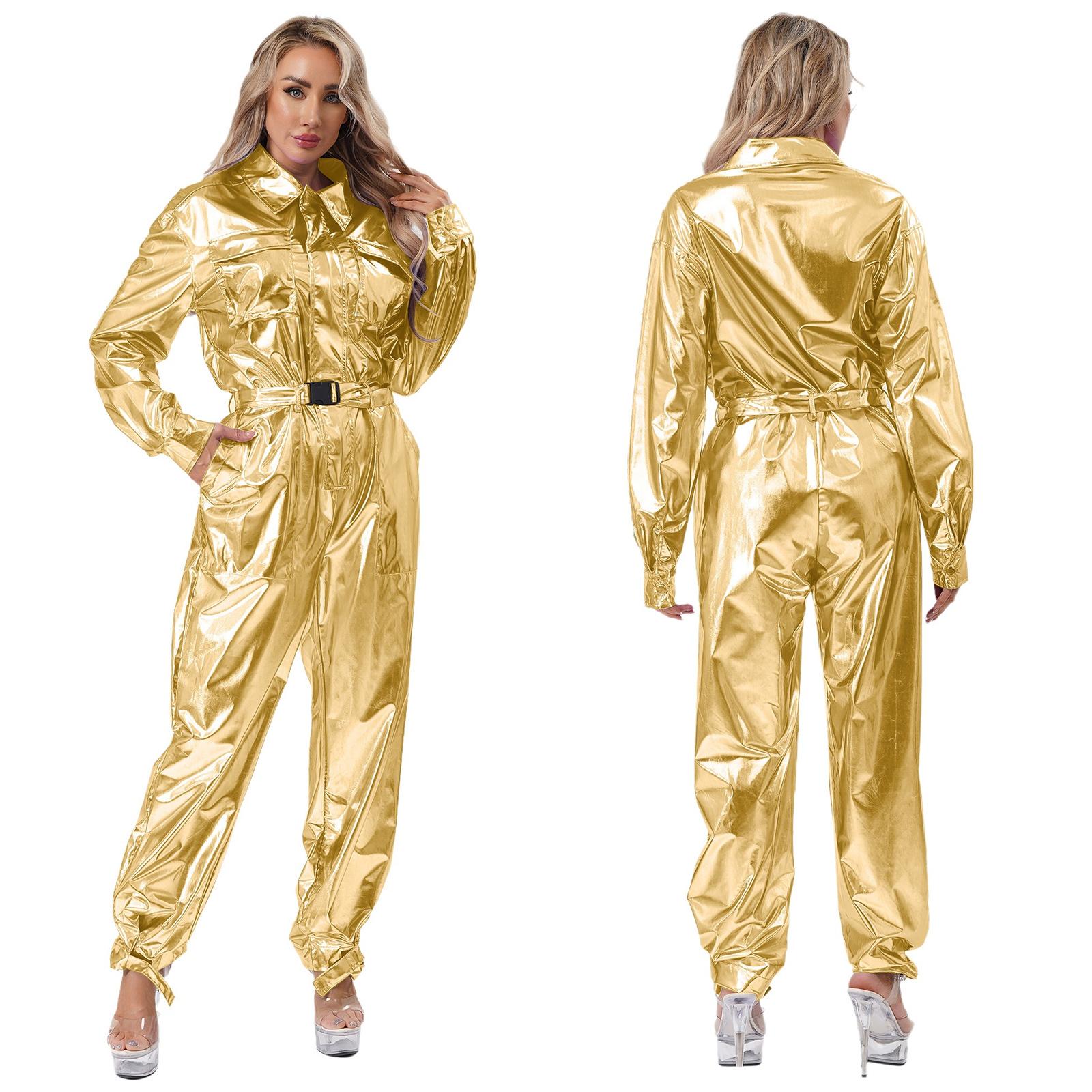 

S-3XL High Waist Metallic Jumpsuit for Women: Complete Turn-down Collar Overalls with Belt, Perfect for Club & Halloween XXL