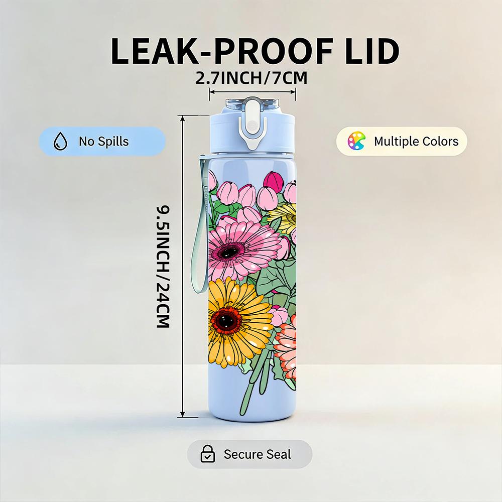 1PC Daisy Sunflower Mixed Floral 750ml Color Plastic Sports Water Bottle Leakproof Flip Straw Lid Suitable for Sports Office Home Use
