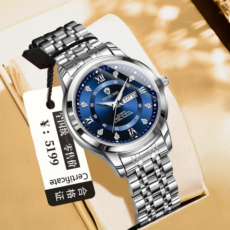 Binbang Quartz Movement Waterproof Luminous Business Fashion Double Calendar Diamond Steel Belt Butterfly Buckle Men's Watch