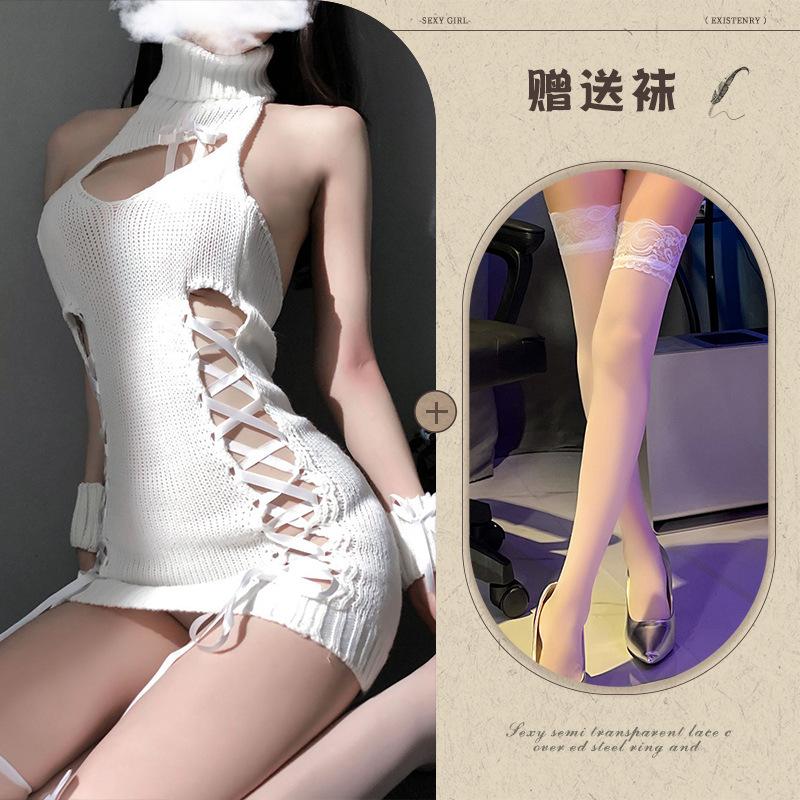 Sex Underwear Turtleneck Halter Hollow Work Mouth Sex Sweater Knitted Suit Seductive and Sexy