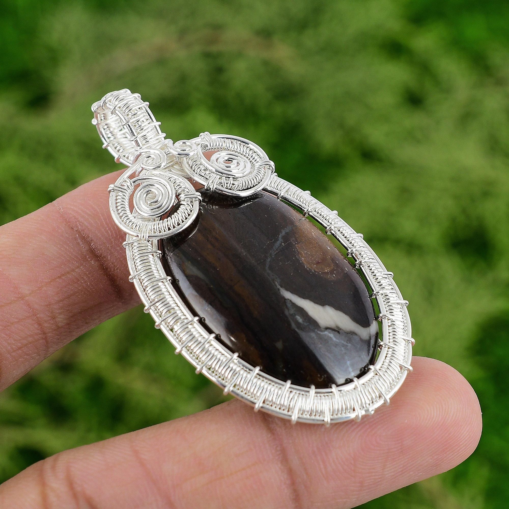 

Oval Rock Calci Stone 925 Silver Mother Handmade Wire Wrapped Engagement Pendant