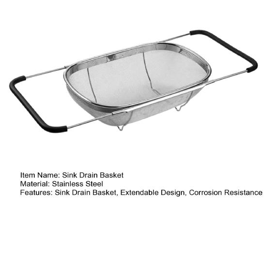 Sink Drain Basket Stainless Steel Mesh Strainer with Telescopic Double-Ear Handle Sink Basket Large Capacity Kitchen Colander for Washing And Draining