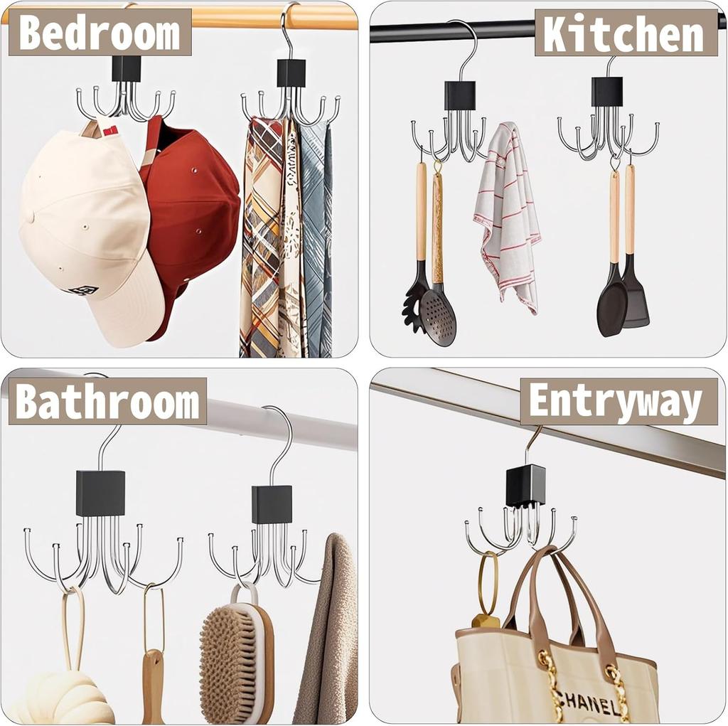 360° Rotatable Multi-Claw Storage Coat Hook Multifunctional Clothes Rack for Belt Bra Tank Top Tie Scarf Purse Hanger Organizer